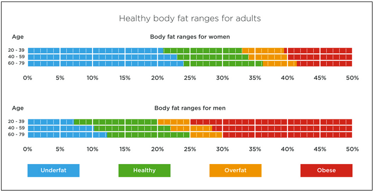 The picture below shows that the healthy range depends on age, but it is 21 - 36% for women, and men 12 - 25%.